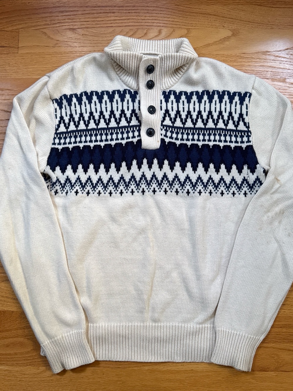 American Living Cream and Navy Fair Isle Button Up Mock Neck Sweater